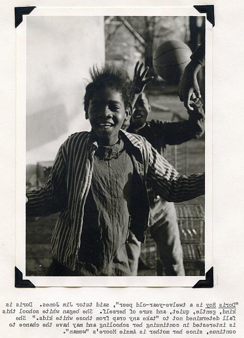 An image of Doris Roy, a twelve-year-old Black child, with accompanying caption with quotes from tutor Jim Jones.